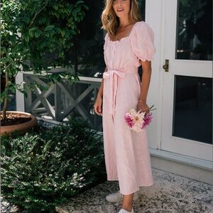 SLEEPER Brigitte Linen Midi Dress In Pink